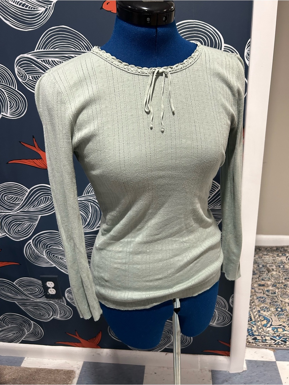Doen EUC Light Sage Lace-Trim 3/4 Sleeve Pointelle-Knit Top